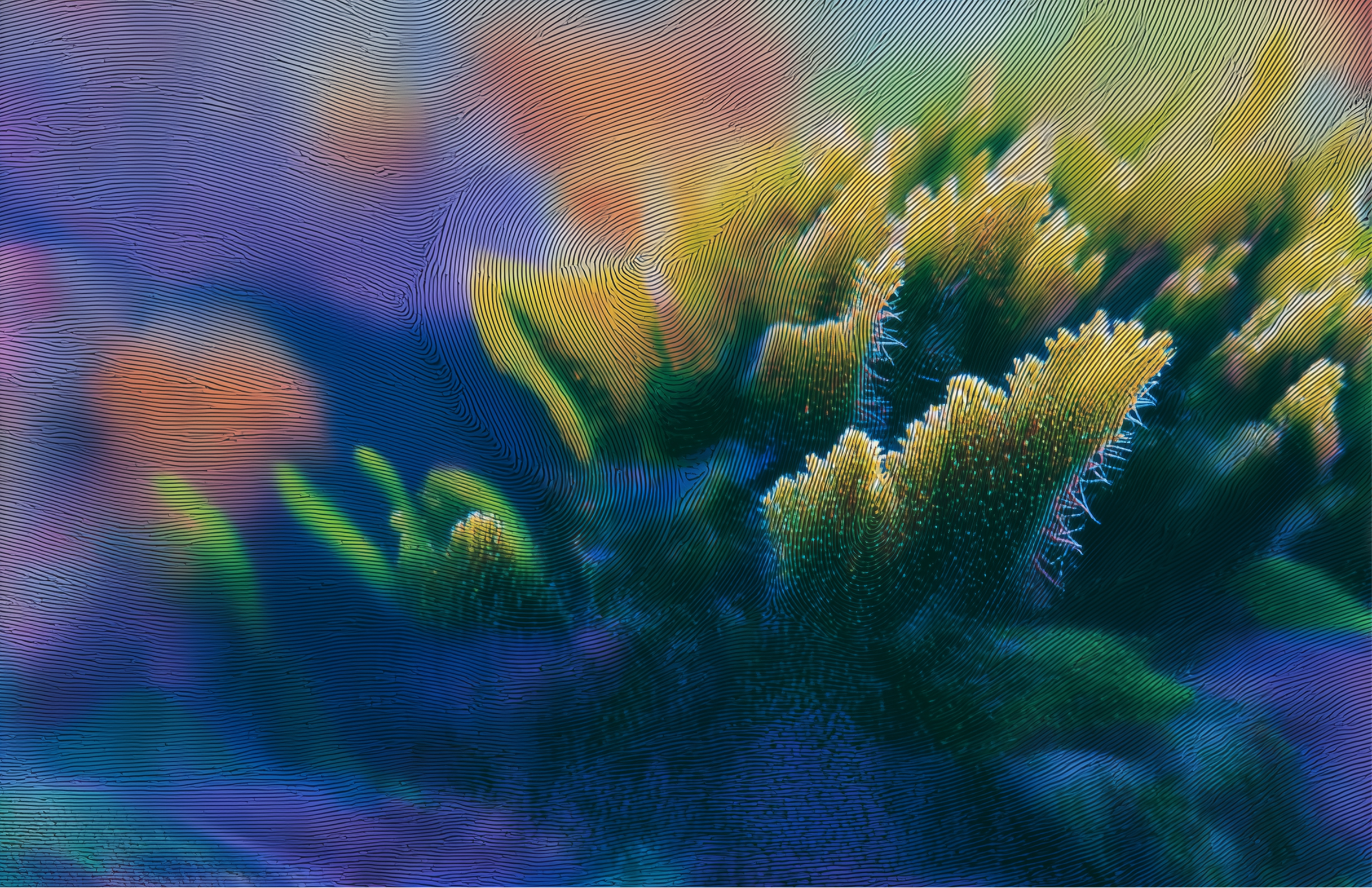 Coral reef with golden branches in purple and green hues
