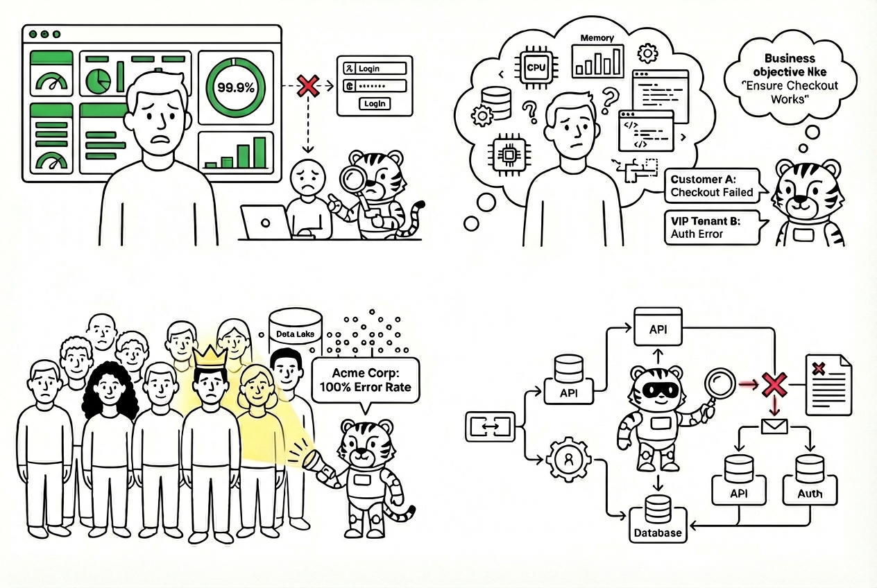 Four-panel comic showing the evolution from legacy dashboard monitoring to agentic customer-outcome observability
