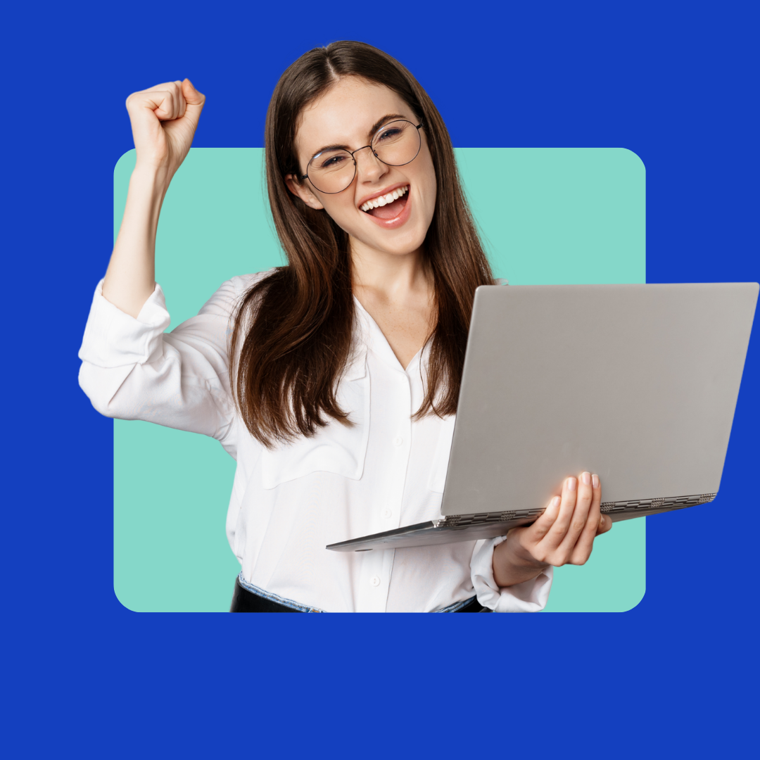A dynamic graphic featuring a young woman with glasses holding a laptop and pumping her fist in a gesture of victory and excitement. The subject is presented as a cutout layered over a teal rounded square against a solid deep blue background, creating a modern 3D pop-out effect. The image conveys energy, professional success, and the joy of financial freedom, perfectly targeting freelancers and remote workers.