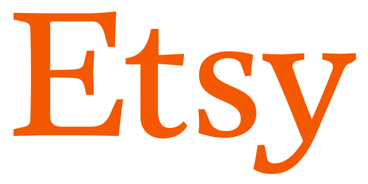 The image displays the Etsy logo, featuring the company name in a distinctive orange serif typeface set against a solid black background. The design relies on high contrast and classic typography to establish brand recognition for the global e-commerce marketplace. As a key platform for Cenoa's users, this logo represents a primary source of income for e-exporters and creative entrepreneurs.