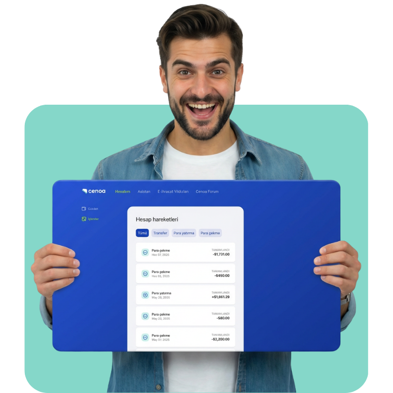 A cheerful man holds a stylized, oversized blue interface board displaying the Cenoa dashboard with Turkish transaction details like 'Hesap hareketleri'. The subject is framed by a mint green rounded background, emphasizing the platform's user-friendly and accessible nature for freelancers. The composition combines photography with UI illustration to convey financial freedom and ease of use.
