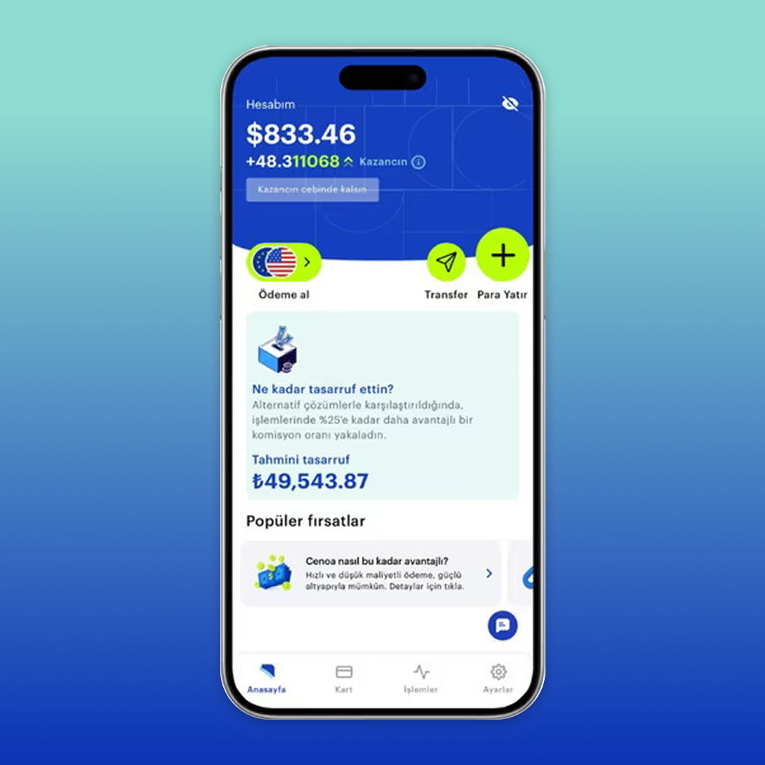 A realistic mockup of a smartphone displaying the Cenoa mobile application dashboard, featuring account balances in USD and savings calculations in Turkish Lira. The interface showcases a clean, modern design with blue and neon green accents, centered against a smooth gradient background transitioning from teal to deep blue. The image conveys a professional, user-friendly financial experience tailored for freelancers and remote workers.
