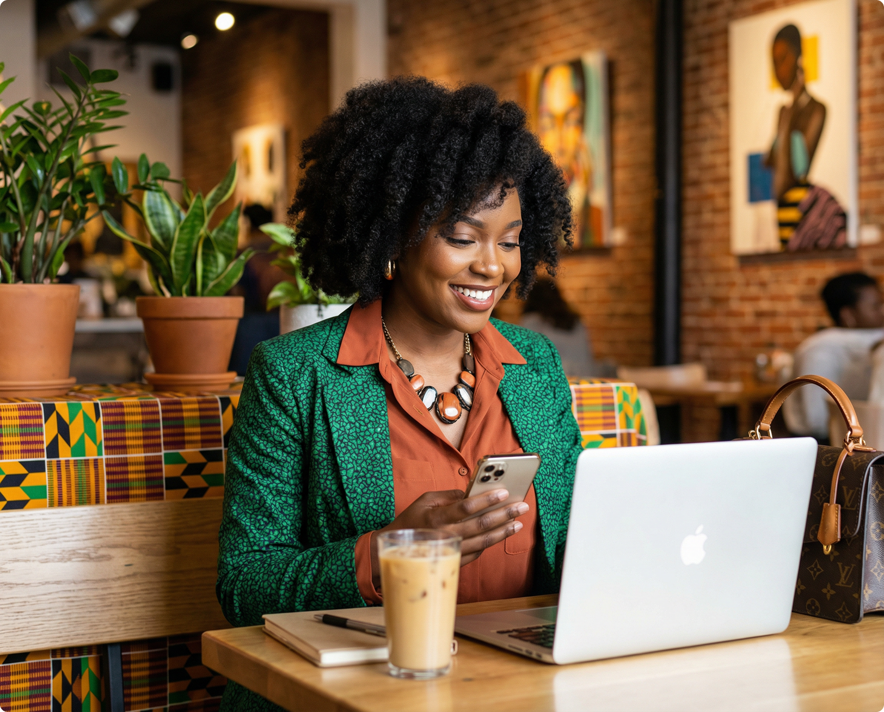 A professional woman sits at a cafe table, smiling warmly while checking her smartphone with an open laptop and iced coffee in front of her. The image features a warm, inviting aesthetic with a blurred background of exposed brick and artwork, perfectly capturing the lifestyle of a successful modern freelancer or digital nomad. It conveys a strong sense of productivity, ease, and financial control relevant to mobile banking users.