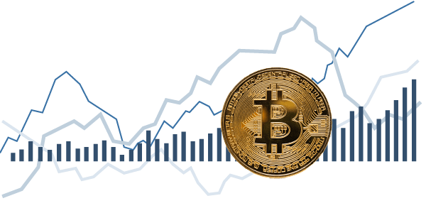 A spot illustration displaying a gold Bitcoin medallion overlaid on a fluctuating blue financial chart and bar graph. The graphic symbolizes cryptocurrency market data, volatility, and trading trends against a transparent background. The composition combines realistic coin imagery with vector-style data visualization, conveying a modern fintech aesthetic suitable for representing digital asset feeds.