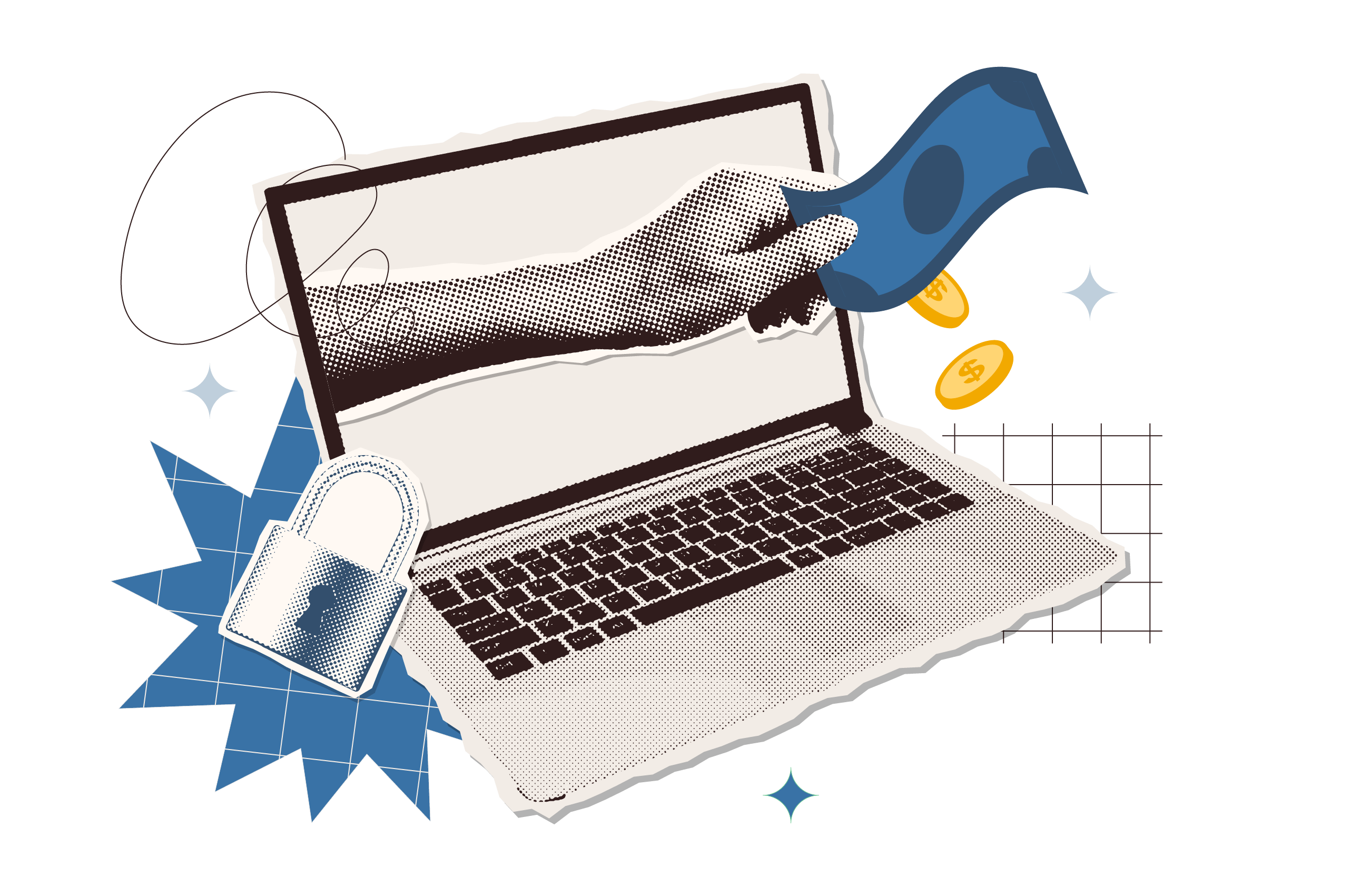 A stylized, collage-effect illustration featuring a laptop with a hand reaching out from the screen holding a banknote, accompanied by falling gold coins and a padlock sticker. The design employs a retro-pop aesthetic with halftone textures, paper-tear edges, and geometric accents in blue and black. Ideally suited for fintech contexts, it visually communicates concepts of secure digital transactions, monetization, and automated financial workflows.