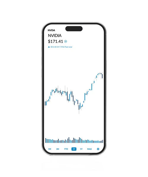A clean, realistic smartphone mock-up isolated on a white background displaying a mobile financial trading interface. The screen features a detailed candlestick chart for NVIDIA (NVDA) with real-time pricing, volume indicators, and navigation controls, showcasing the granular market data capabilities provided by Quodd. The minimalist design emphasizes the clarity and precision of the data feed integration for fintech applications.