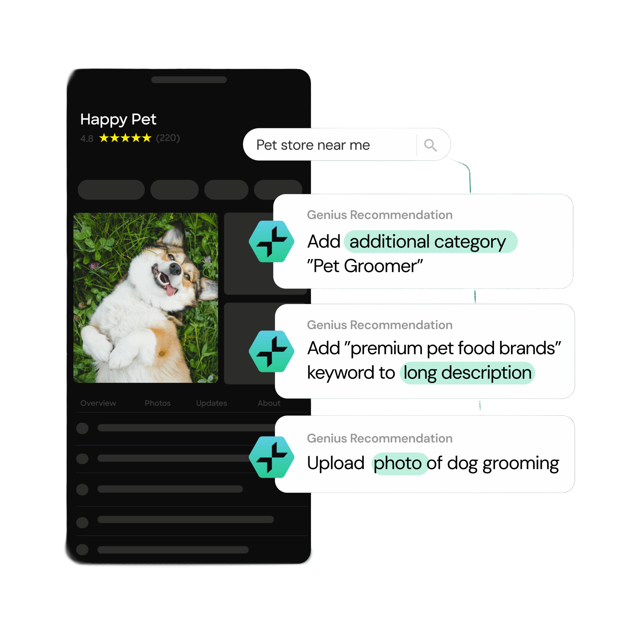 SOCi Genius Search platform visualization showing multi-location data signals including reviews, search behaviors, and real-time events across a geographic map