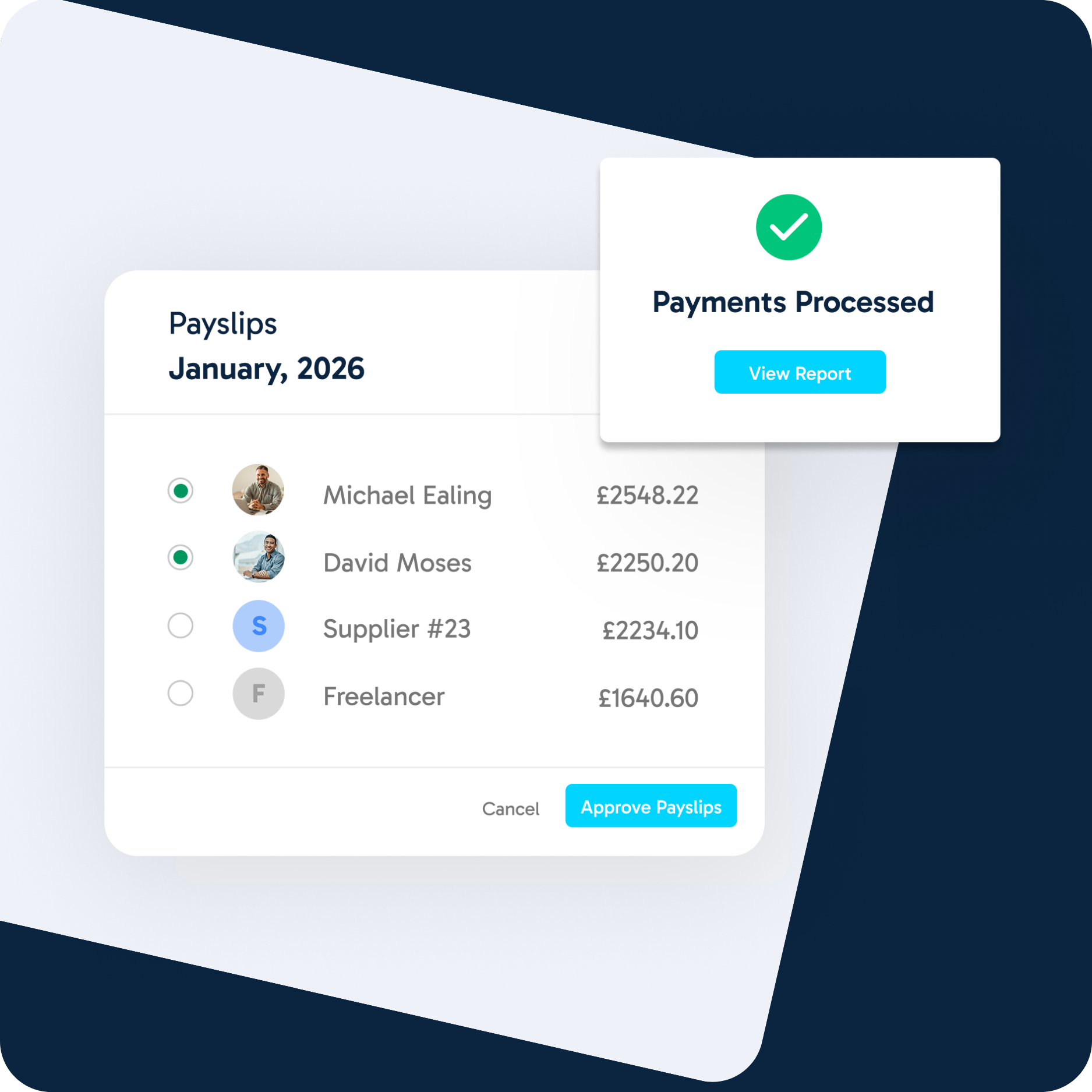 Payslips and payments processing interface