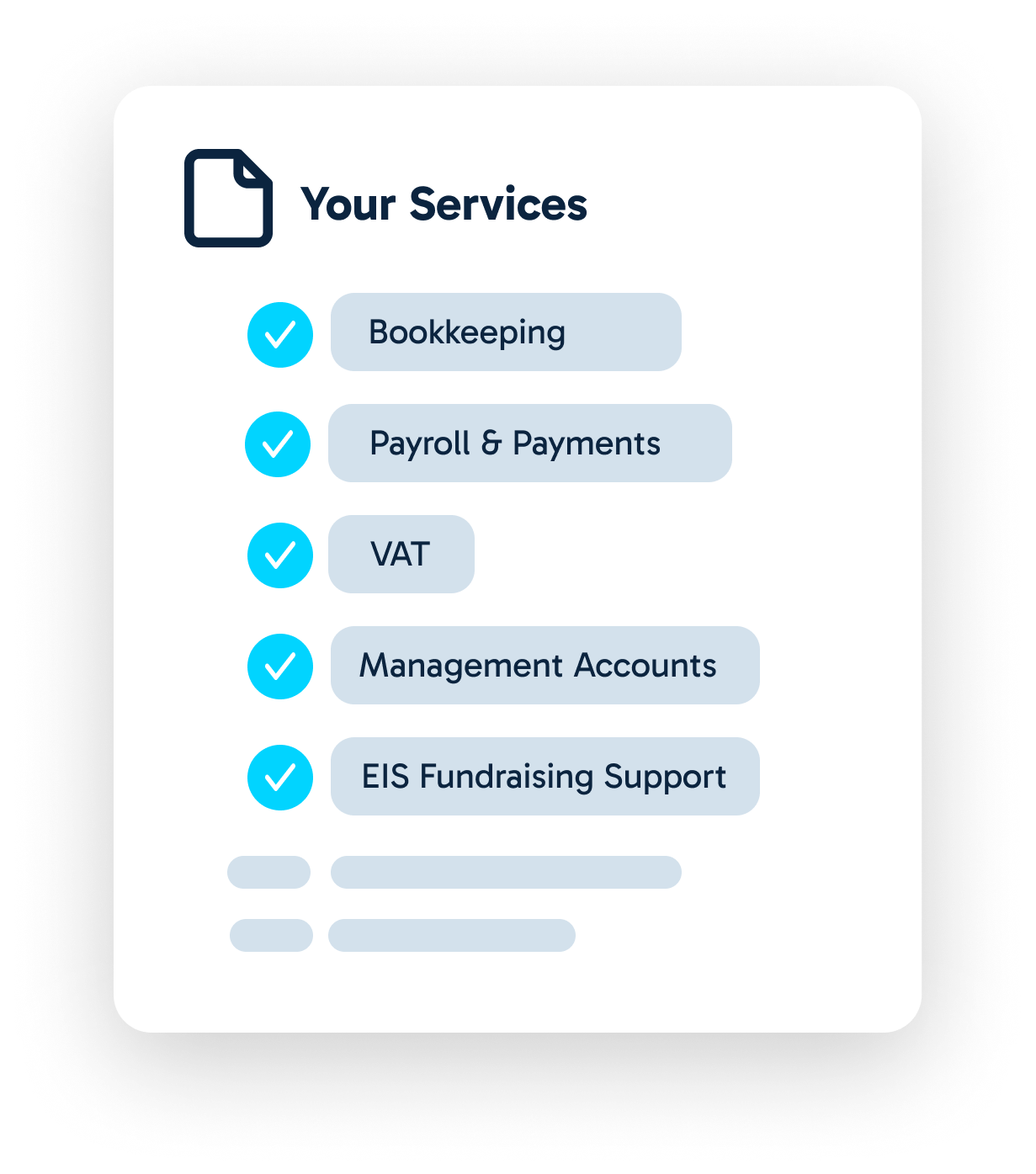 Rise Accounting services checklist showing bookkeeping, payroll, VAT, EIS fundraising and startup finance features