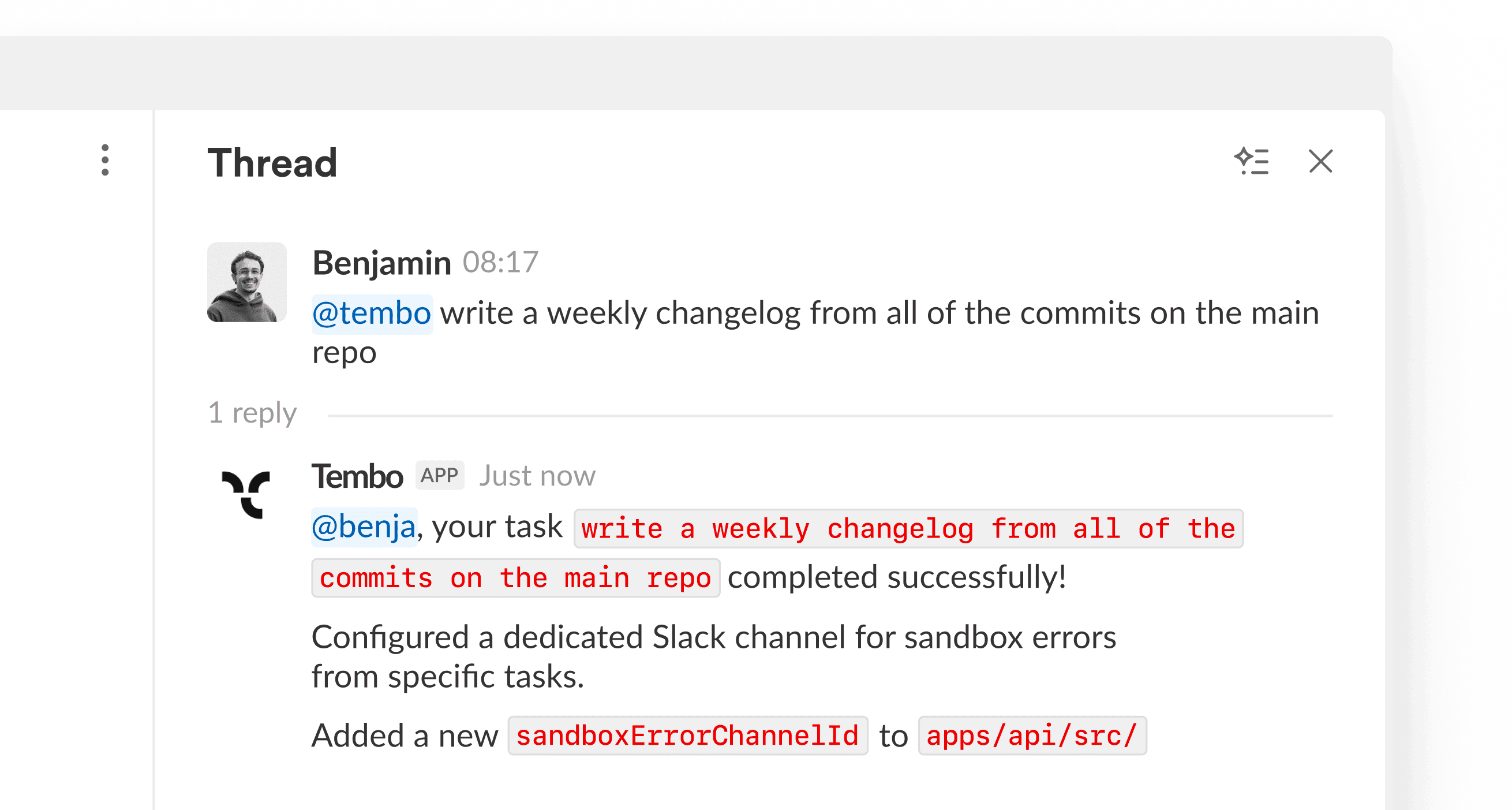 Tembo Slack integration showing automated workflow and bot interaction