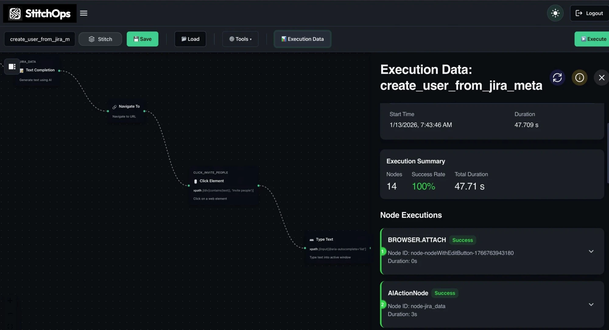 StitchOps execution monitoring with per-node logs and a success summary