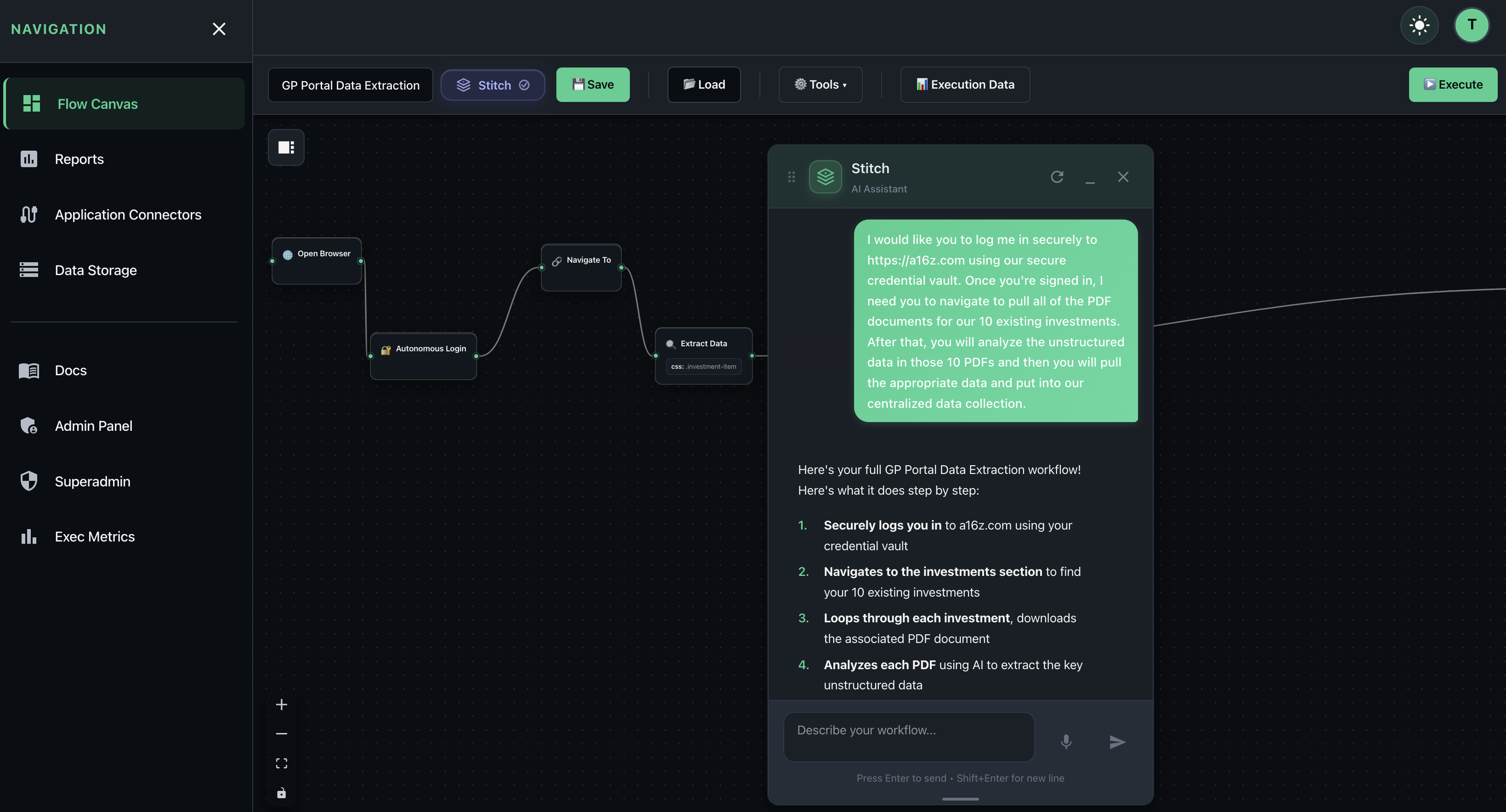 StitchOps GP Portal Data Extraction workflow with AI assistant showing secure login, PDF download, and data extraction steps
