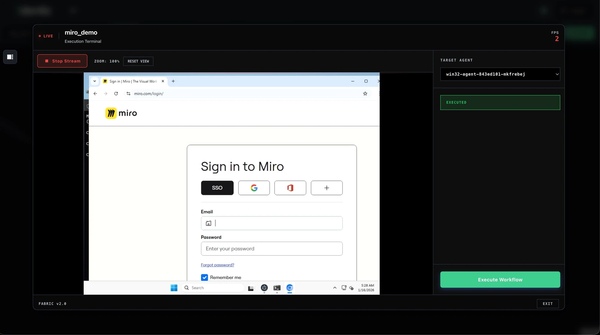 StitchOps executing a workflow inside a live virtualized browser