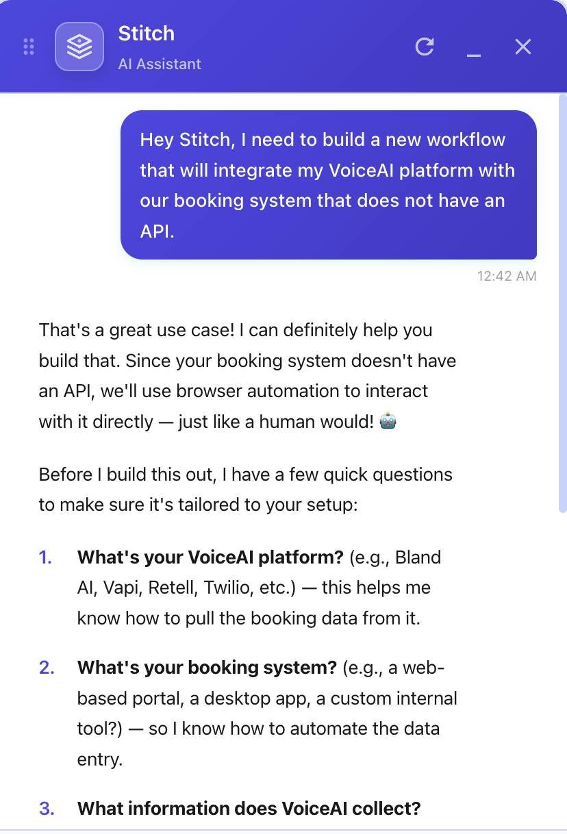 Stitch AI assistant building a voice AI to booking system workflow with no API