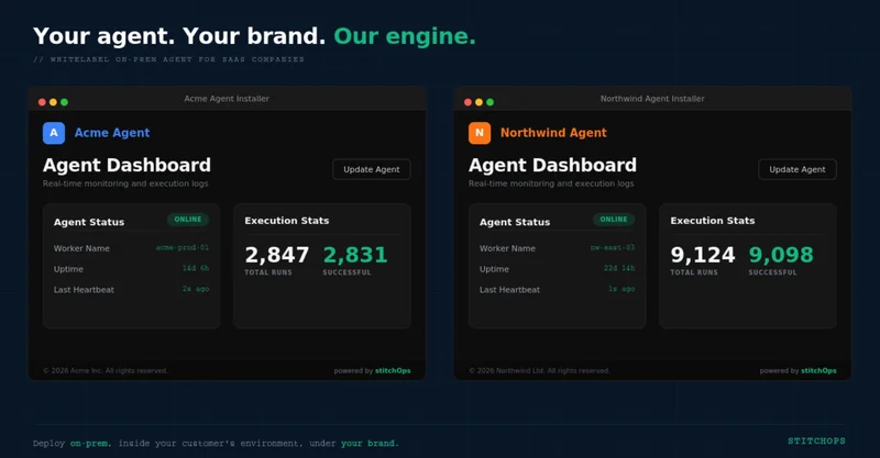 StitchOps on-prem agent monitoring dashboard with uptime and execution metrics