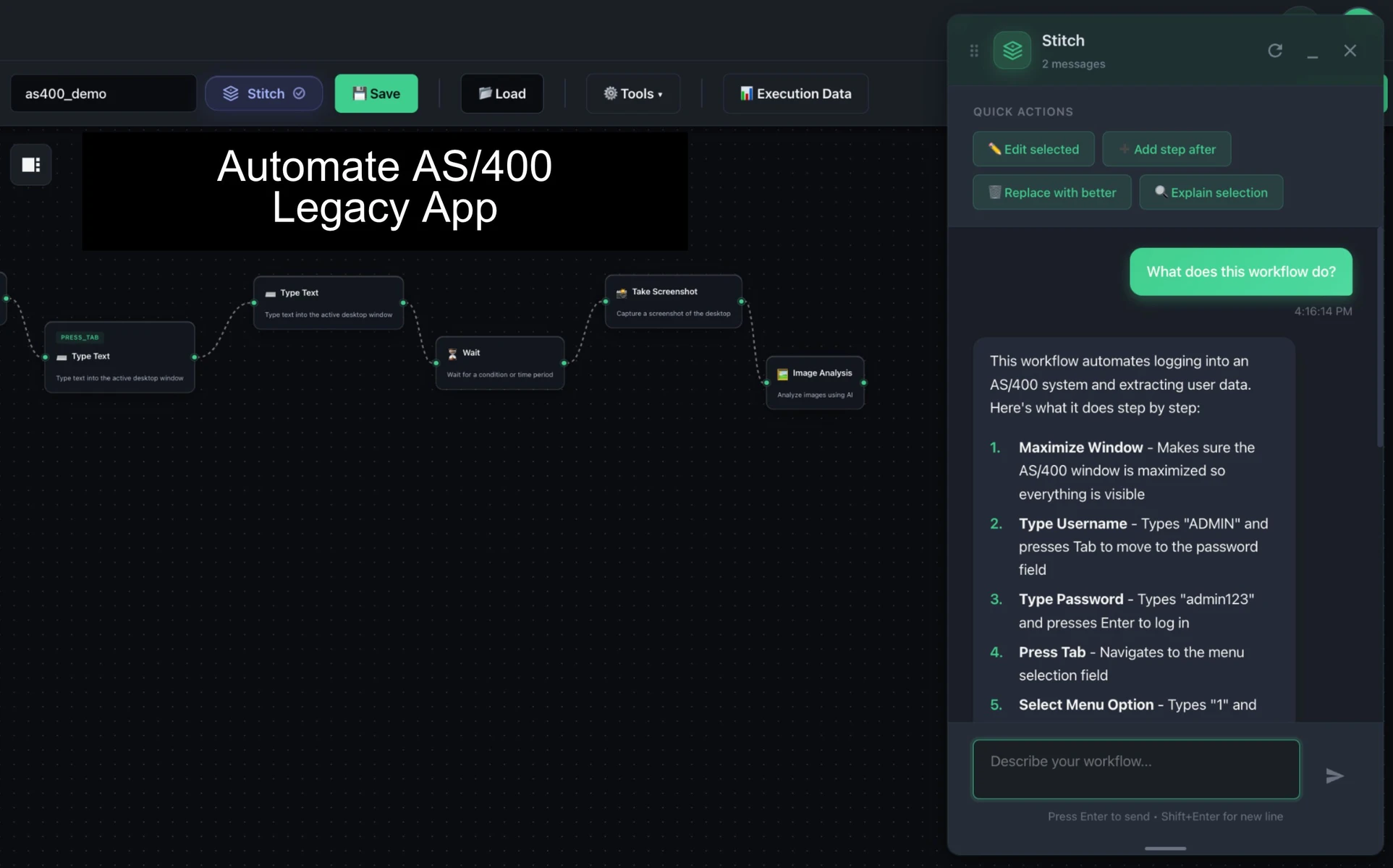 StitchOps automating a legacy terminal-based application with an AI sidebar explaining each step