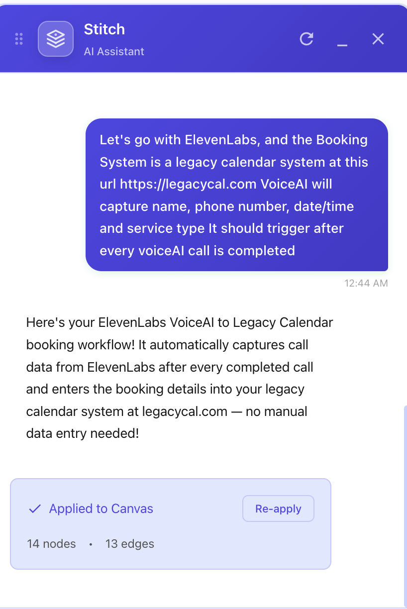 Stitch AI assistant generating an ElevenLabs VoiceAI to legacy calendar booking workflow