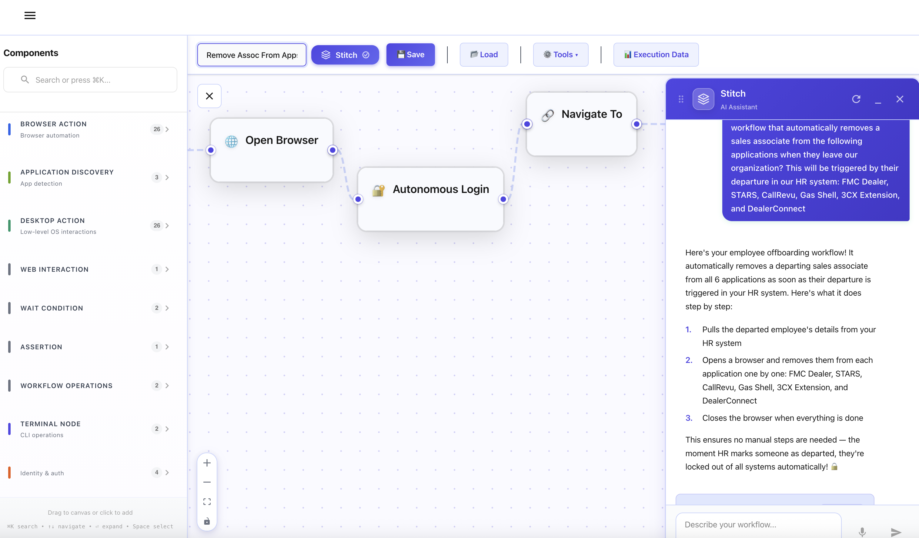 StitchOps workflow with Open Browser and Autonomous Login nodes for portal automation