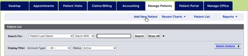 Patient management screen with appointments, claims, billing, and patient list tabs that StitchOps drives directly