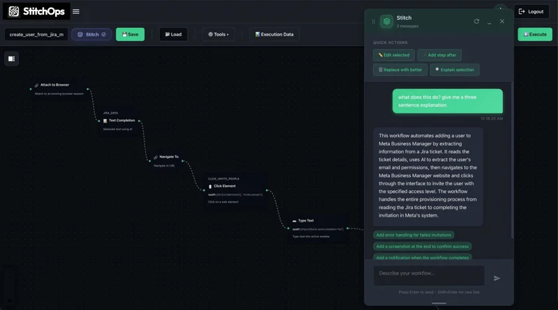 StitchOps AI assistant generating a fund portal extraction workflow from natural language