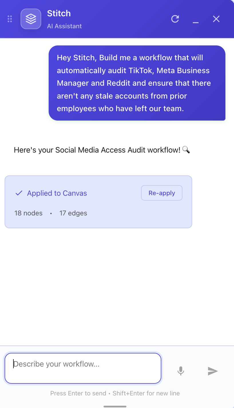 Stitch AI building a Social Media Access Audit workflow across TikTok, Meta Business Manager, and Reddit