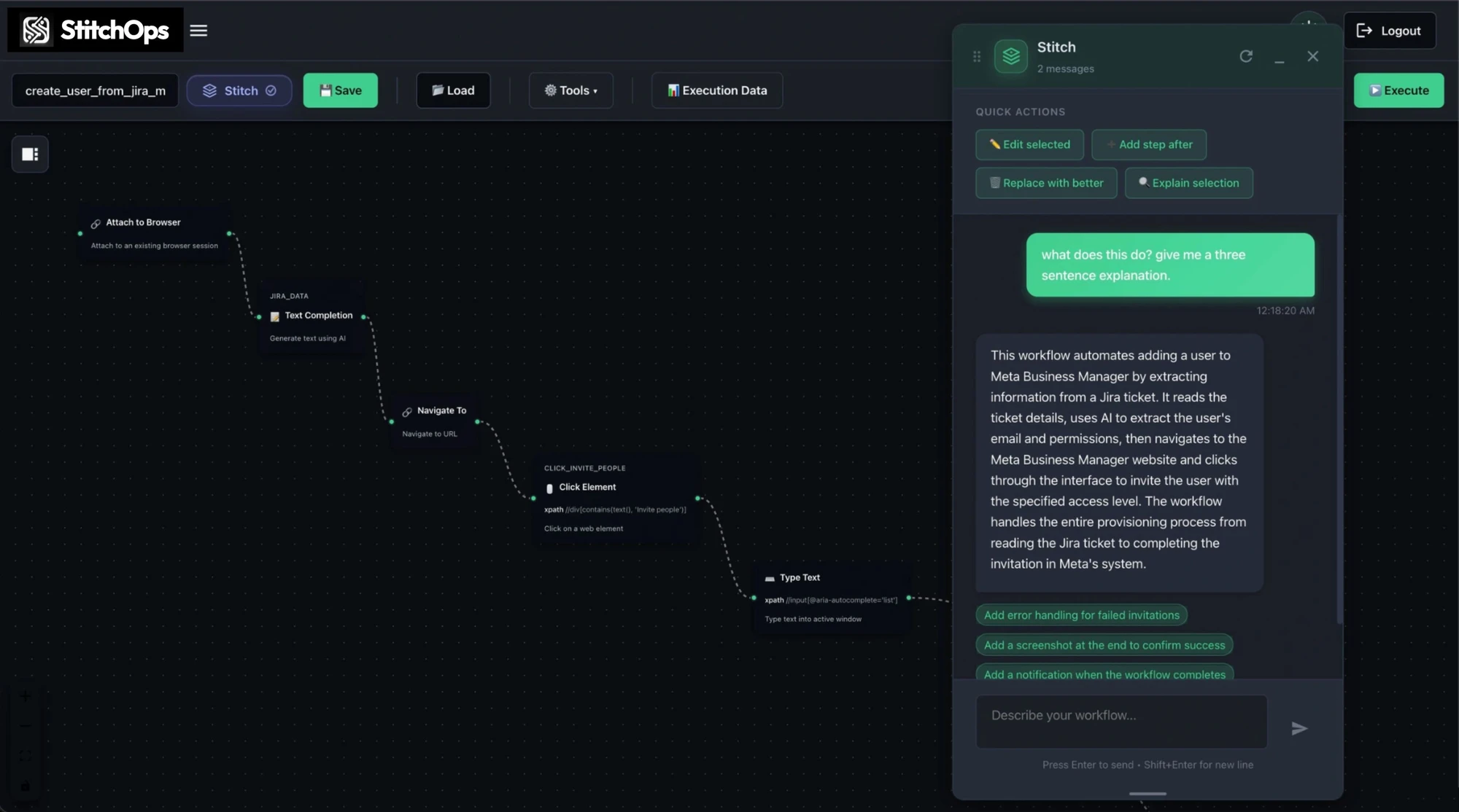 StitchOps node-based browser automation workflow in dark mode with an AI assistant