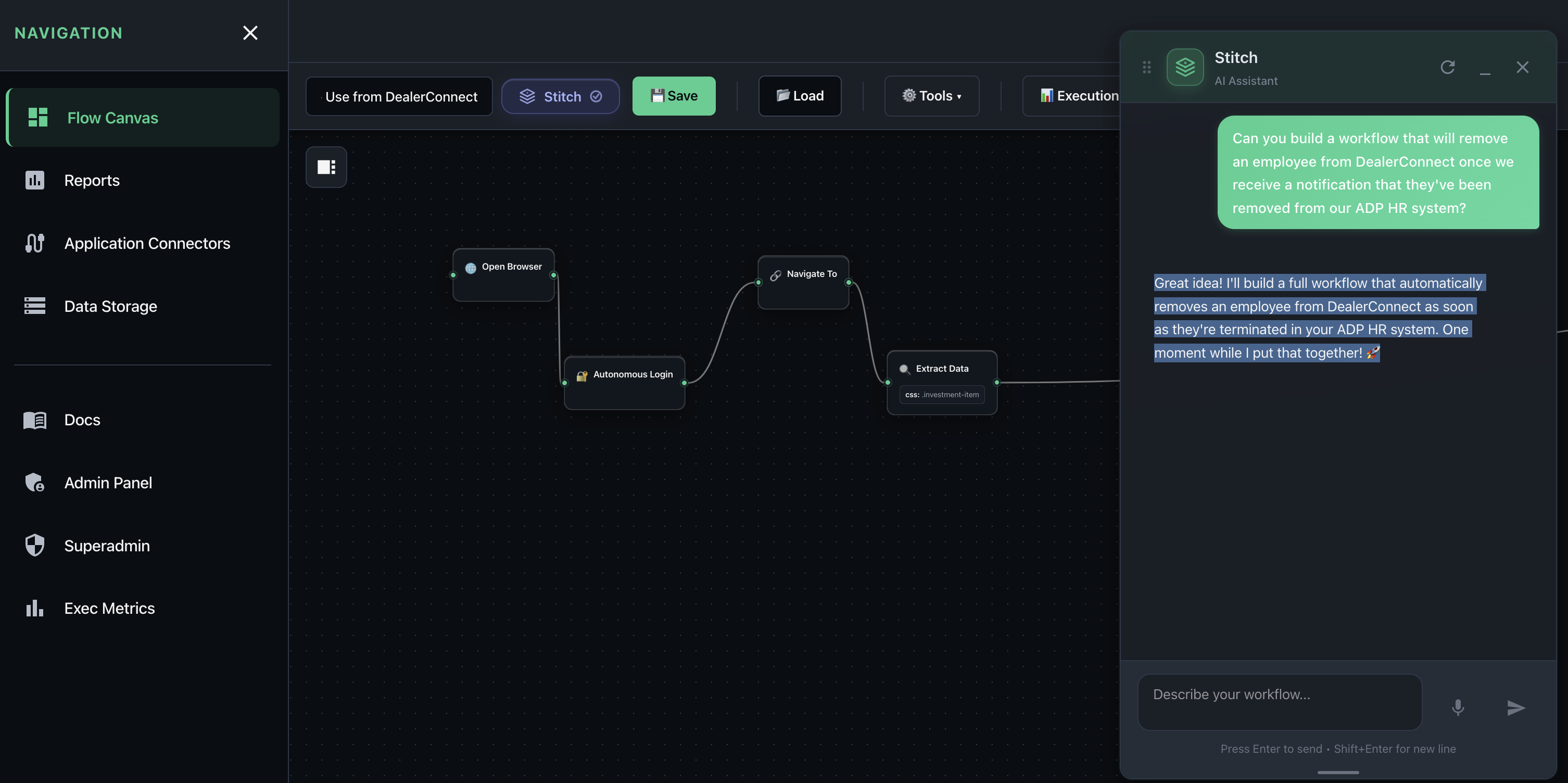 StitchOps Flow Canvas with AI assistant building a cross-system integration workflow