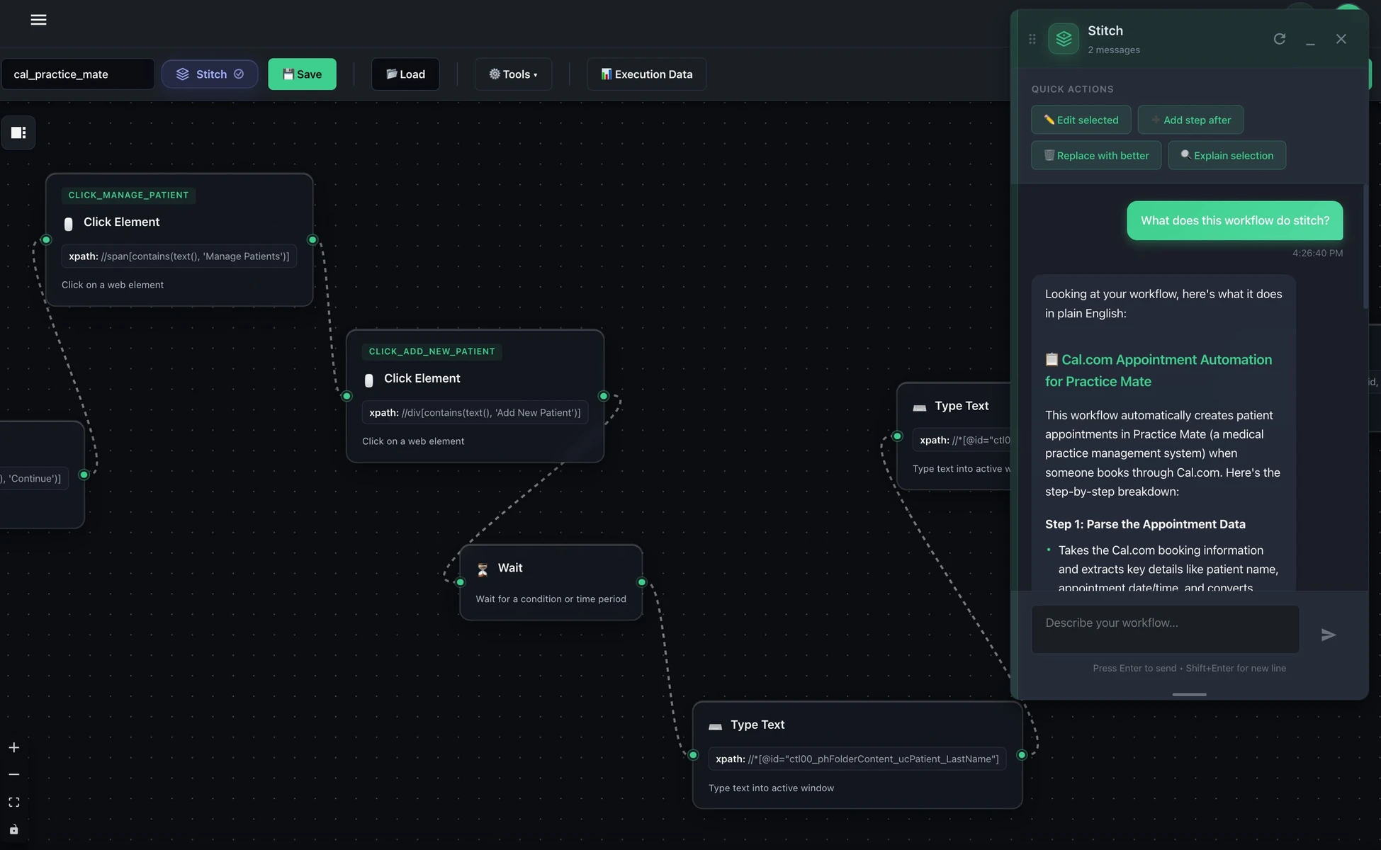 StitchOps workflow automating patient appointment creation inside Office Ally Practice Mate, with an AI assistant explaining each step